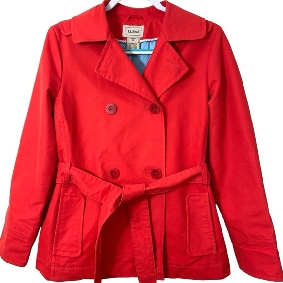 LL Bean Trench Jacket Double Breasted Peacoat Red Belted 100% Cotton MEDIUM - Picture 2 of 14